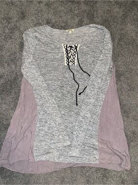 Kori Gray and Lavender Mixed-Media Lace-Up Tunic